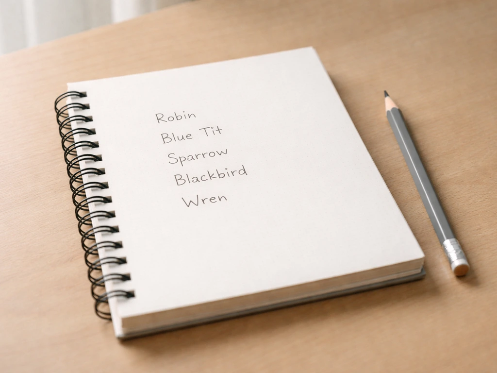 Minimal close-up of a notepad with neatly spaced handwritten bird names and a single pencil