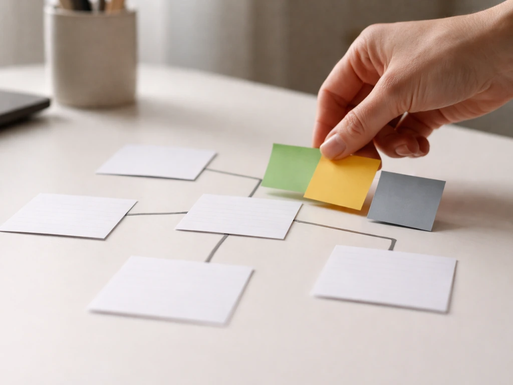Close-up of a person’s hand placing colored sticky notes on a simple decision board