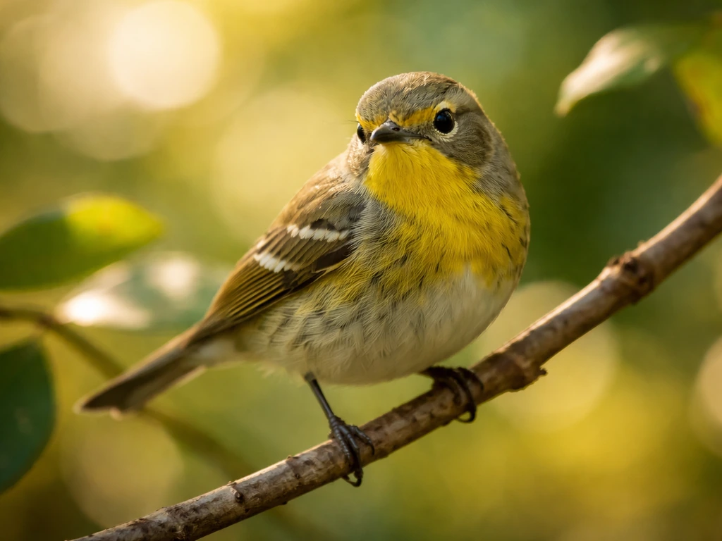 Close-up of a small warm-hued warbler-like bird perched in soft Caribbean light