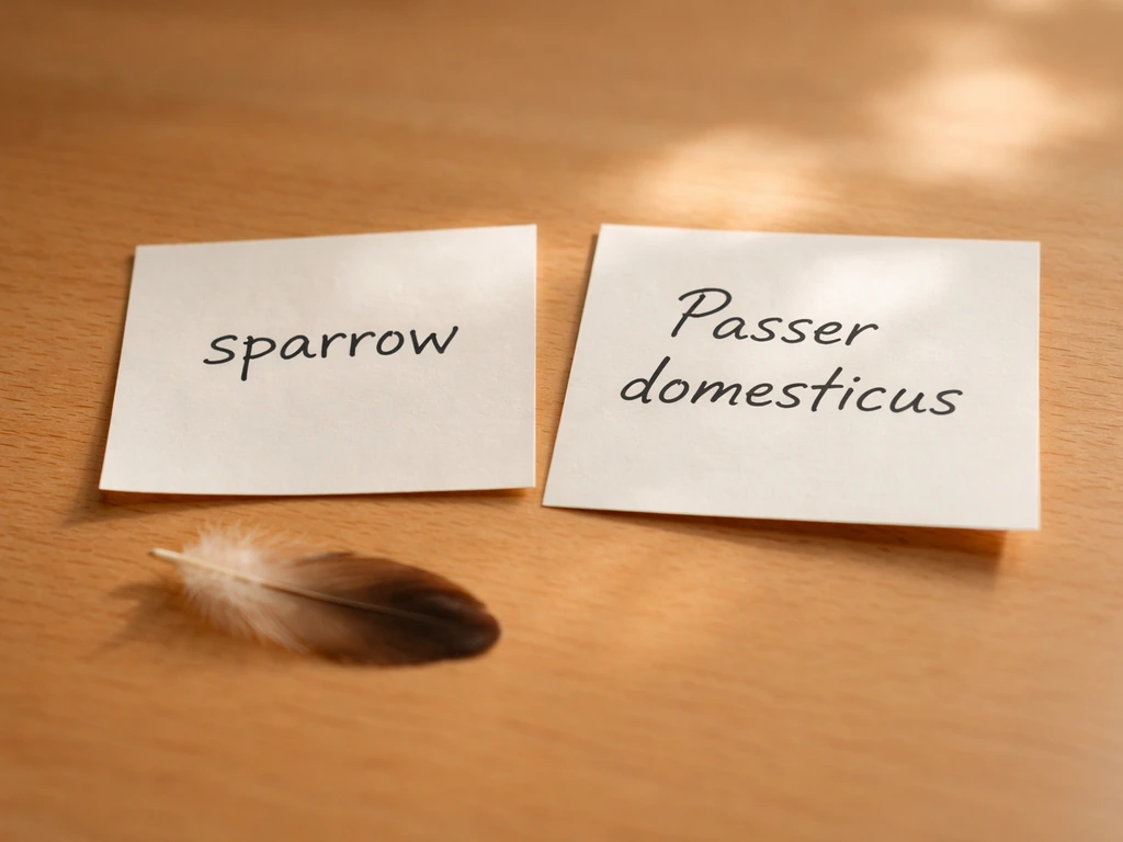 Close-up of a simple bird notebook beside a feather, with a Latin-style bird name written by hand