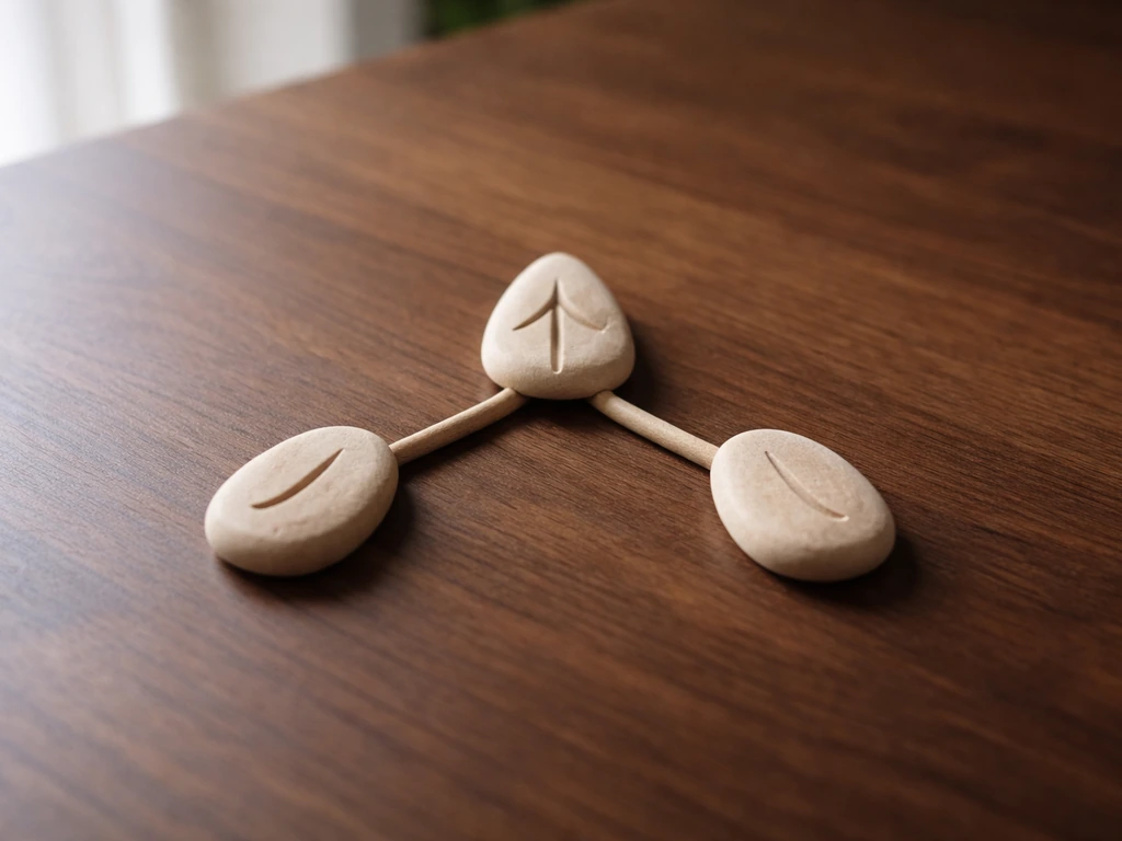 Minimal tabletop scene with three connected tokens arranged as a visual Latin word lineage.