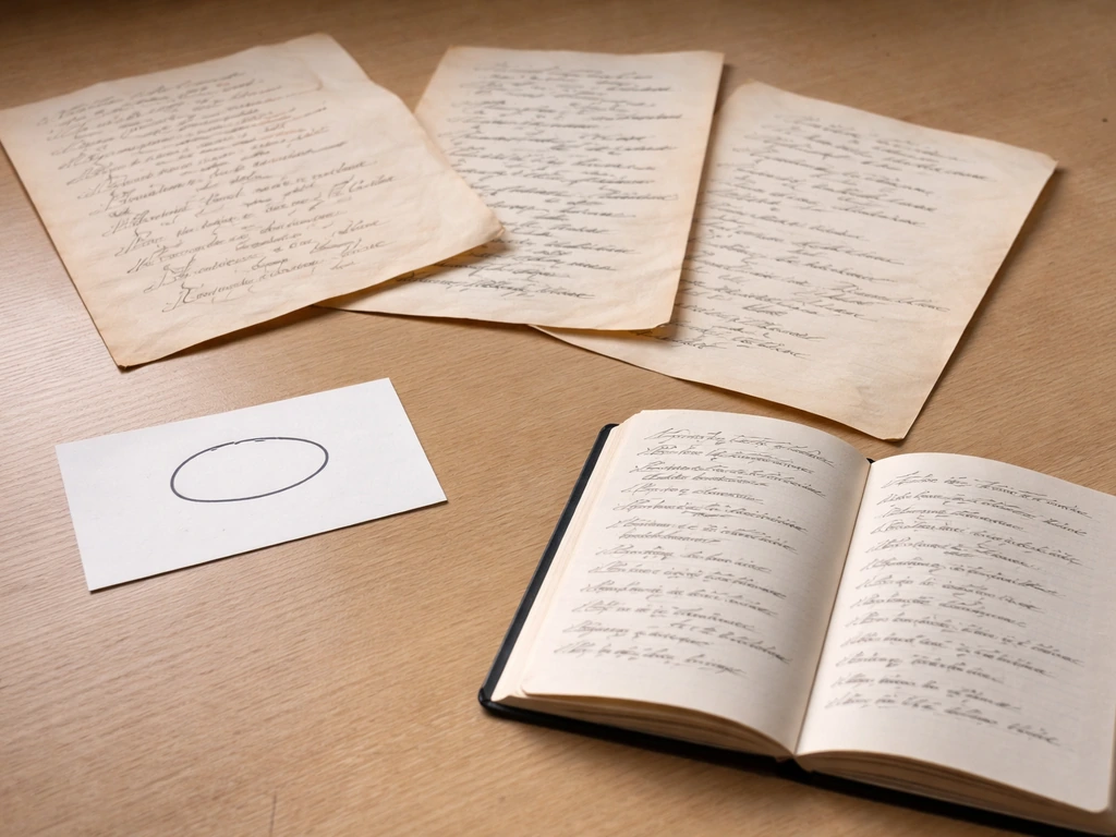 Minimal desk scene with multiple handwritten papers contrasted against one separate accepted-name card.