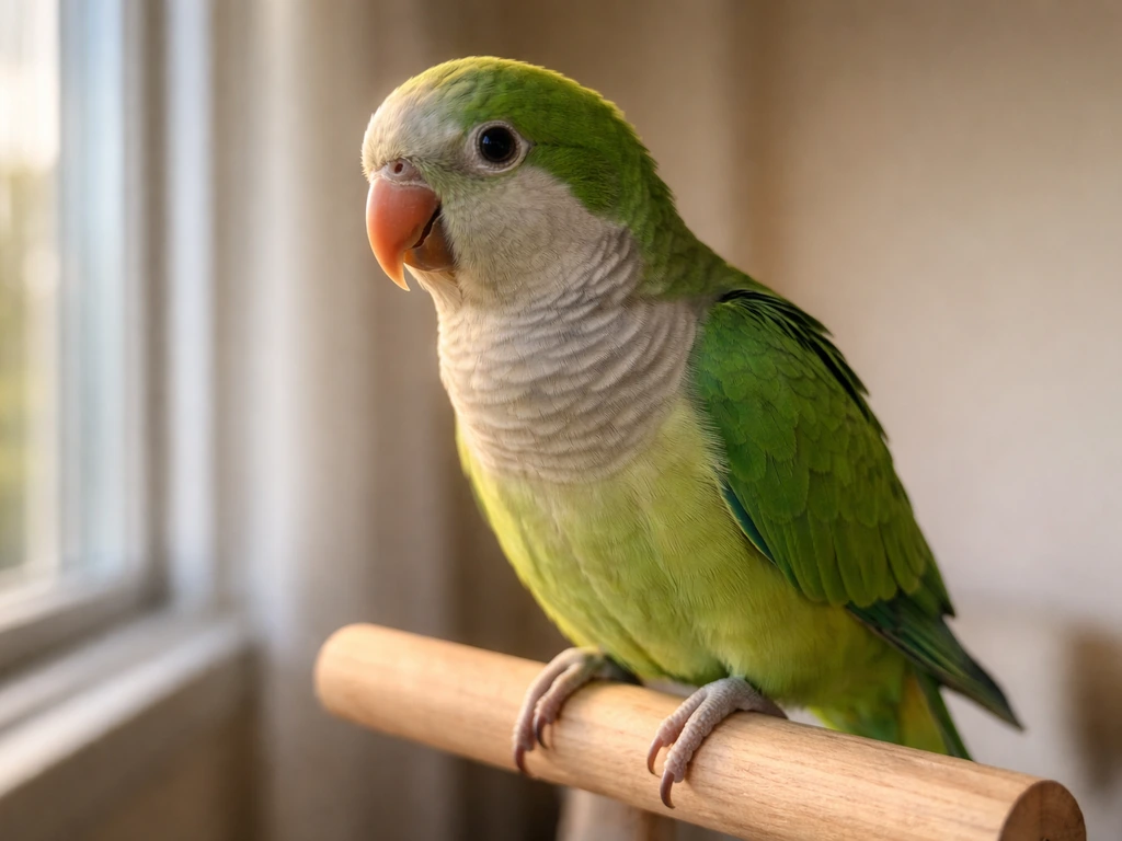 Close-up of a parrot perched by a window, with soft natural light suggesting scientific-name identification.