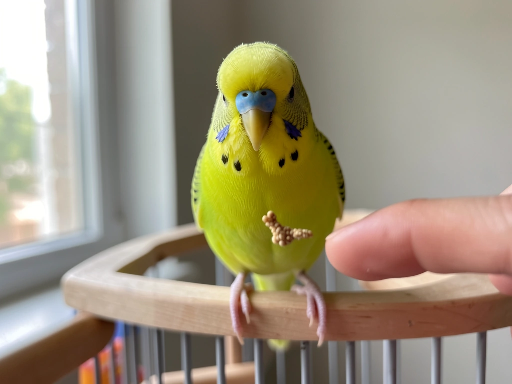Budgie perched near food bowls with a simple treat ready for naming practice