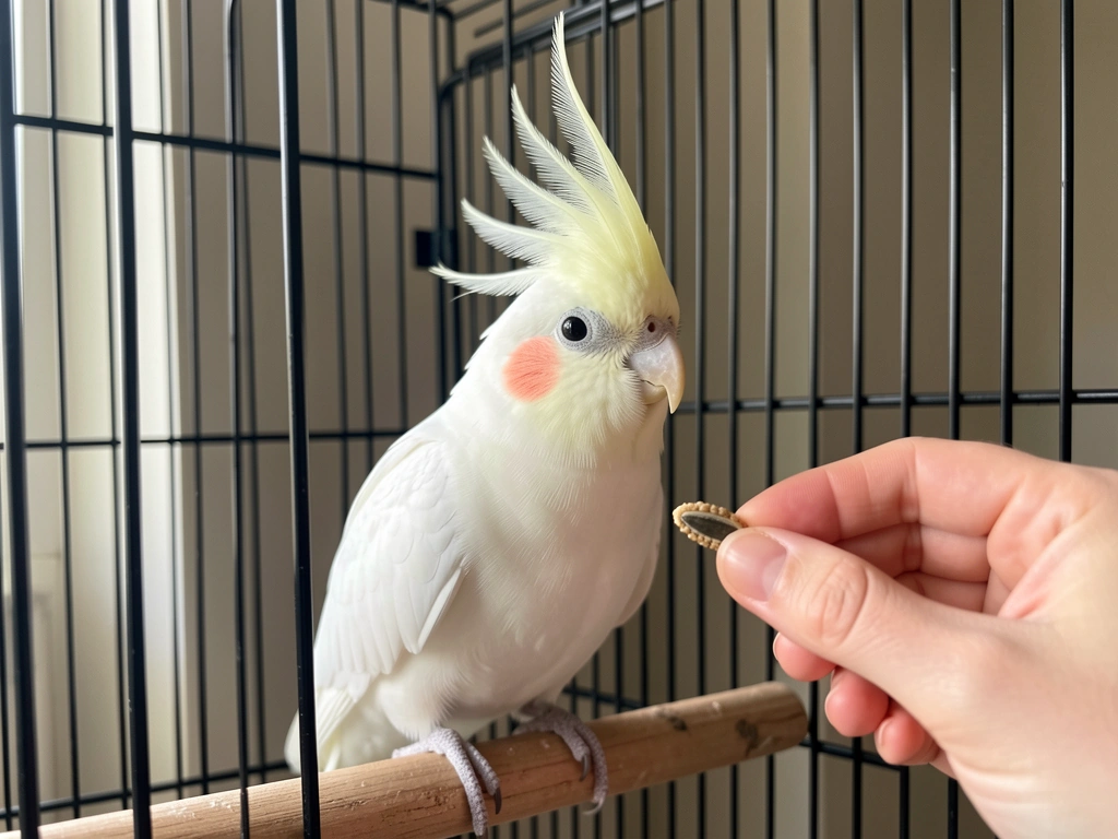Cockatiel showing crest drama while owner holds a gentle treat nearby