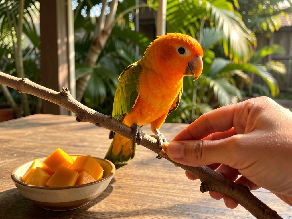 Conure beside a small dish of fruit, vibrant feathers in warm light