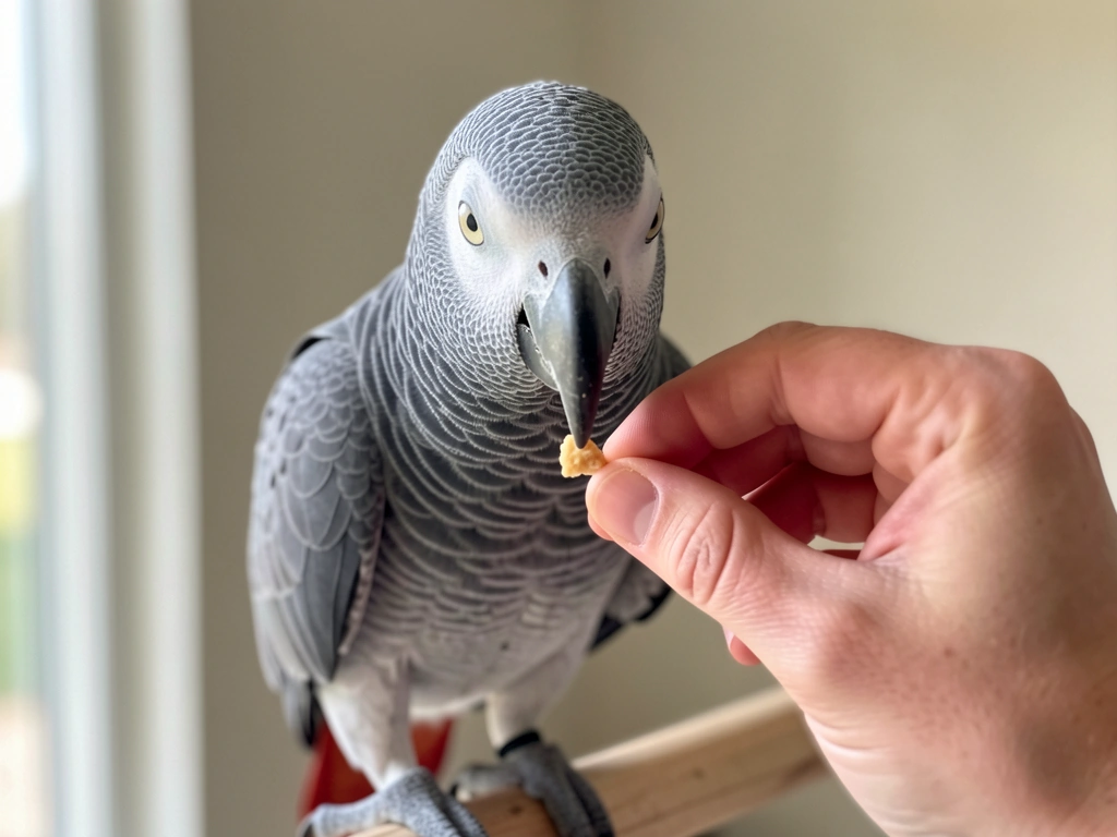 African grey training moment: beak level treat with owner hand ready to cue name