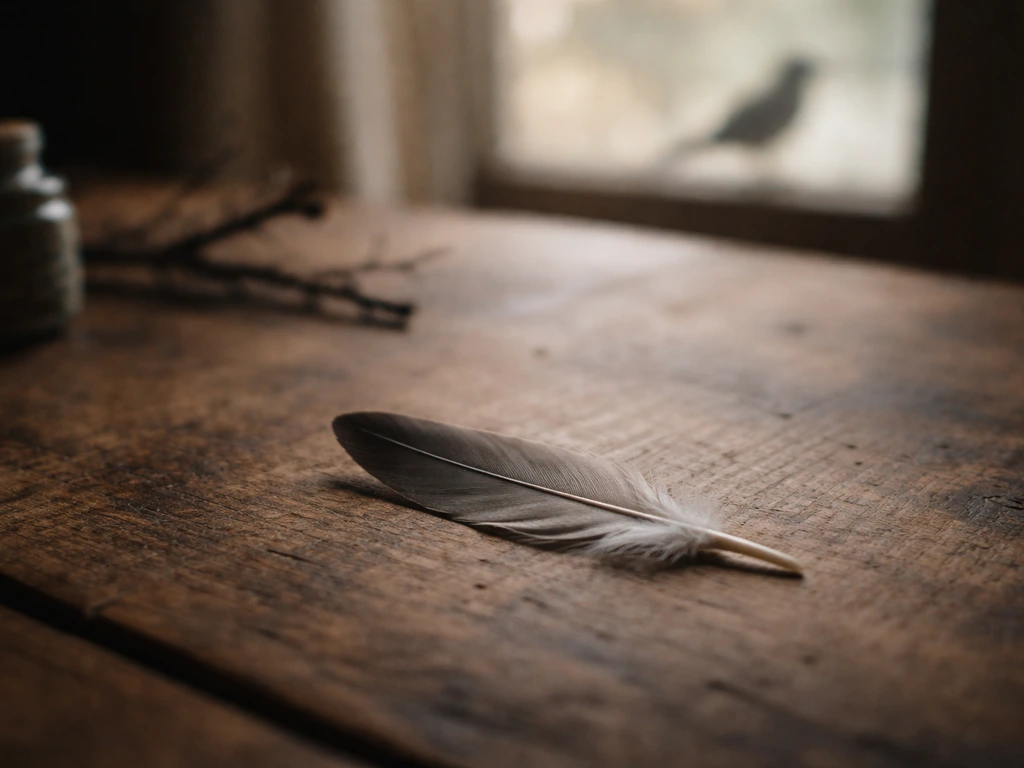 Close-up of a bird feather on a wooden table with softly blurred bird-related elements