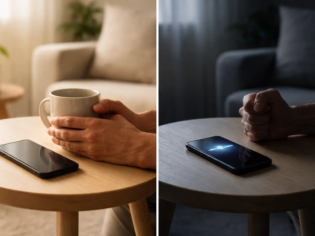 Minimal split scene showing a calm conversation versus a tense message exchange with warning-like atmosphere