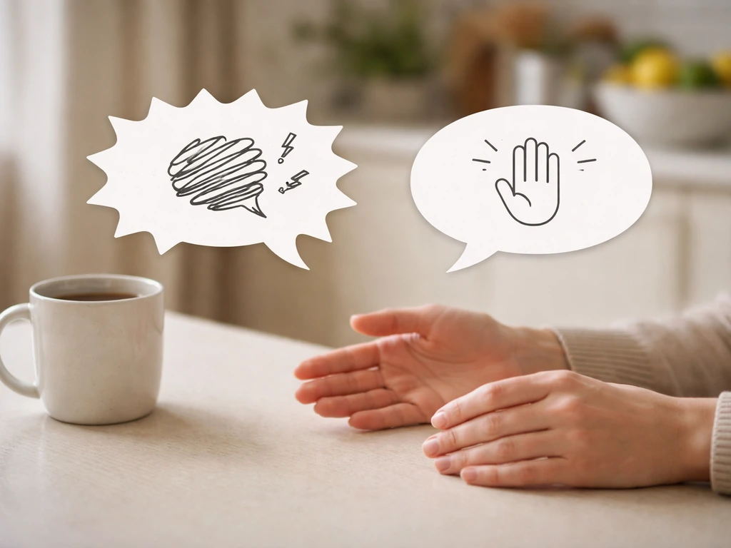 Minimal kitchen scene with two contrasting speech bubbles showing harsh tone replaced by calm boundaries.