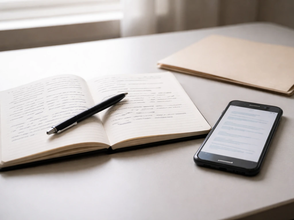 An uncluttered desk with a notebook, pen, and smartphone showing a generic message screen for documentation and reportin