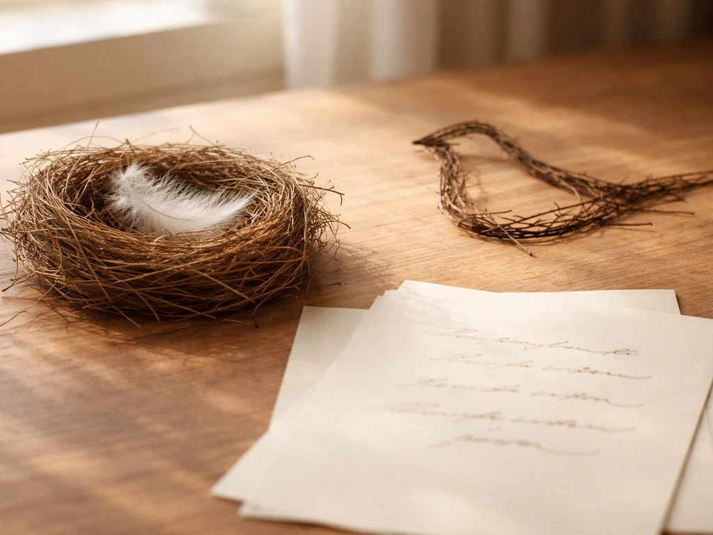 Feather and nest on a wooden table with abstract handwritten rhyme-like strokes ending in varied curls.