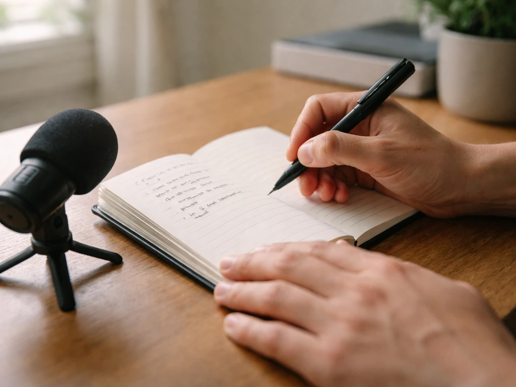 Hands review a handwritten poetic line in a notebook next to a small phone mic for read-aloud testing.