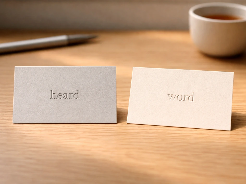 Two simple poem cards on a table: one labeled with a solemn word, the other with a playful word
