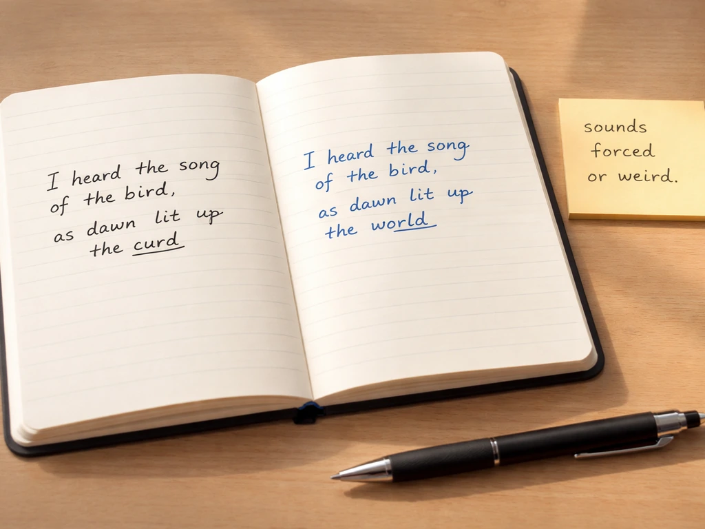 Two handwritten poetry lines on a desk, one awkward and one smoother, with a small note hint.