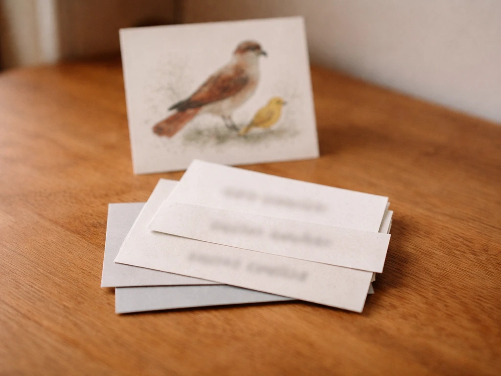Close-up of an uncaptioned card set with bird-name fragments and blurred small hawk and warbler illustrations
