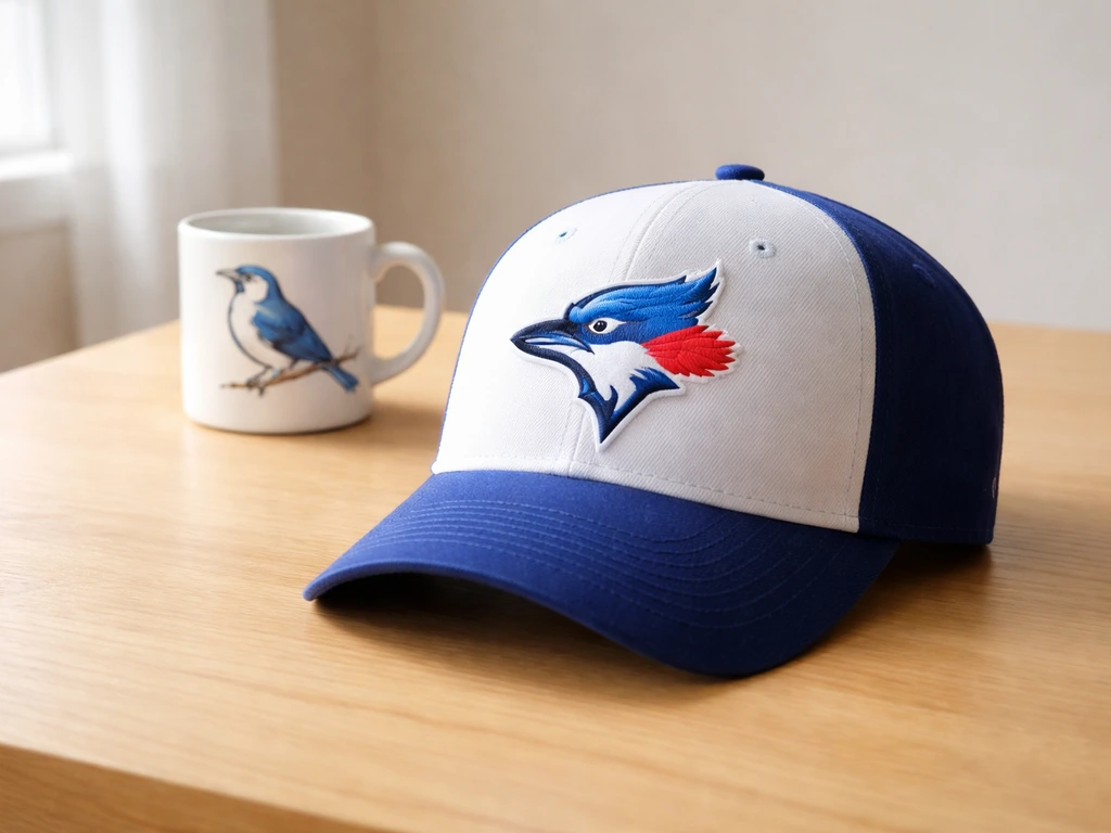 Toronto Blue Jays themed baseball cap and a clearly illustrated blue jay next to it on a wooden table