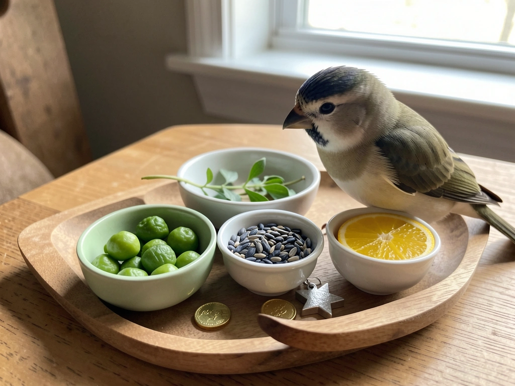 Bird treat-and-attention moment showing pairing a chosen name with something positive.