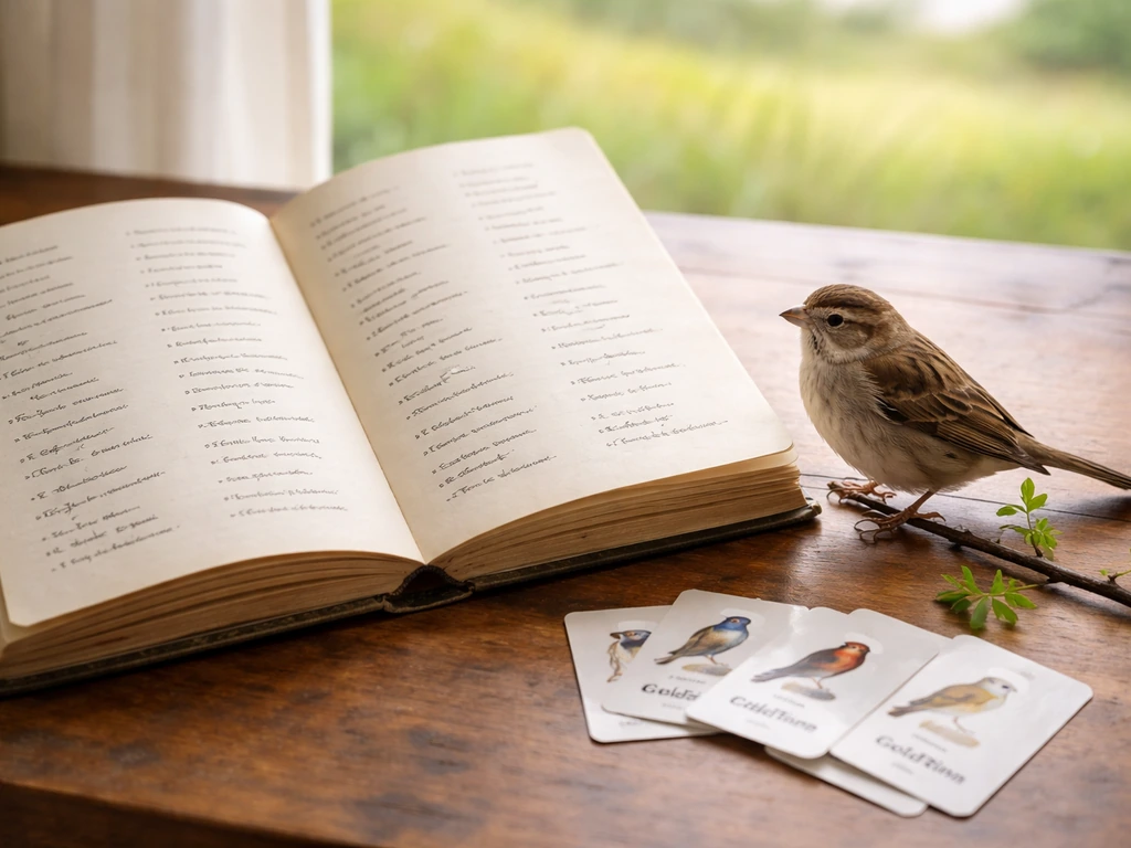 Open field guide with bird common names beside a small songbird perched on a branch in natural light