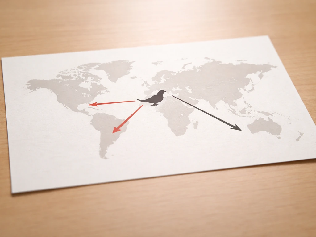 Minimal map-like scene with simple arrows linking regions around a central bird species symbol