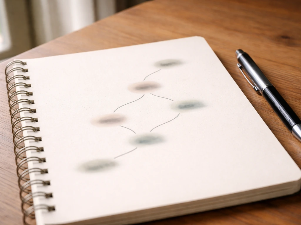 Close-up of a handwritten word chain in a notebook beside a pen, showing language evolution without text