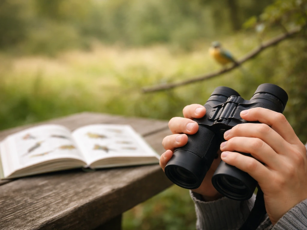 Binoculars and open field guide with a small bird perched in the blurred background outdoors
