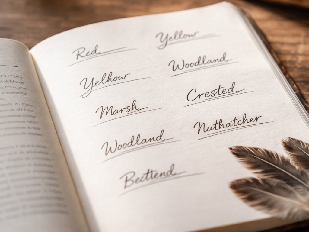 Minimal close-up showing a bird field guide page with highlighted sections for common name patterns