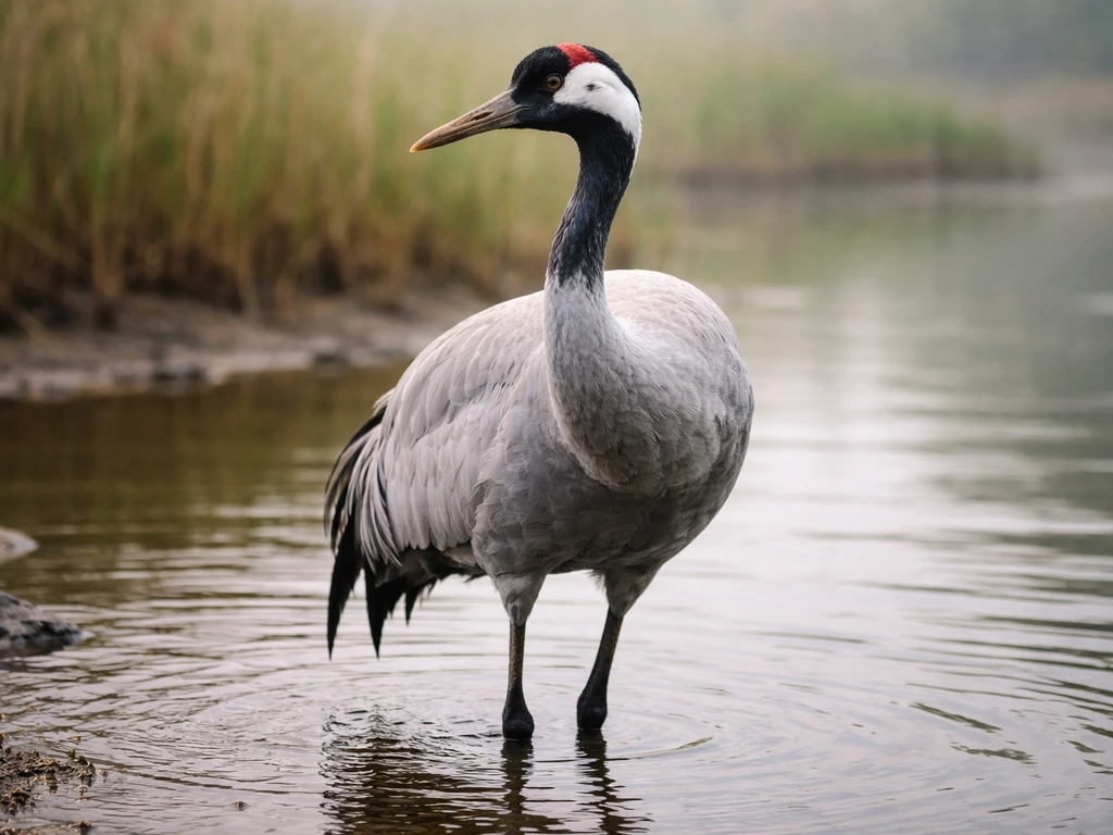 Close-up of a crane standing in a shallow wetland, soft light and reeds in the background.