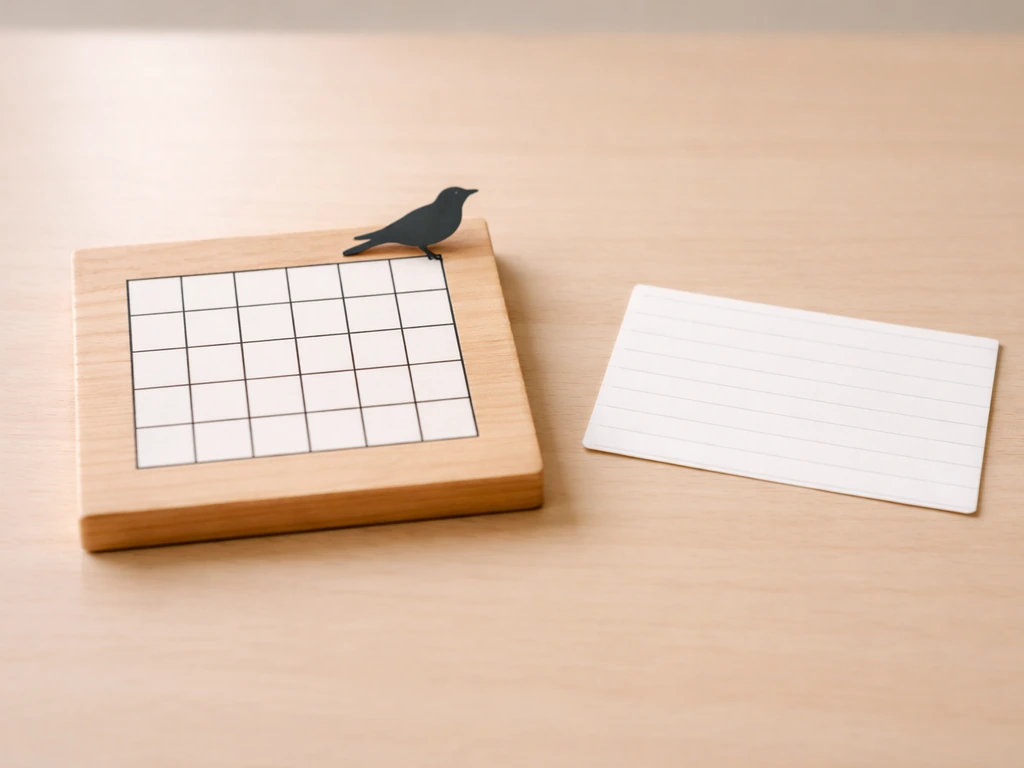 Minimal tabletop scene with an empty crossword grid and a small bird silhouette icon on a board.