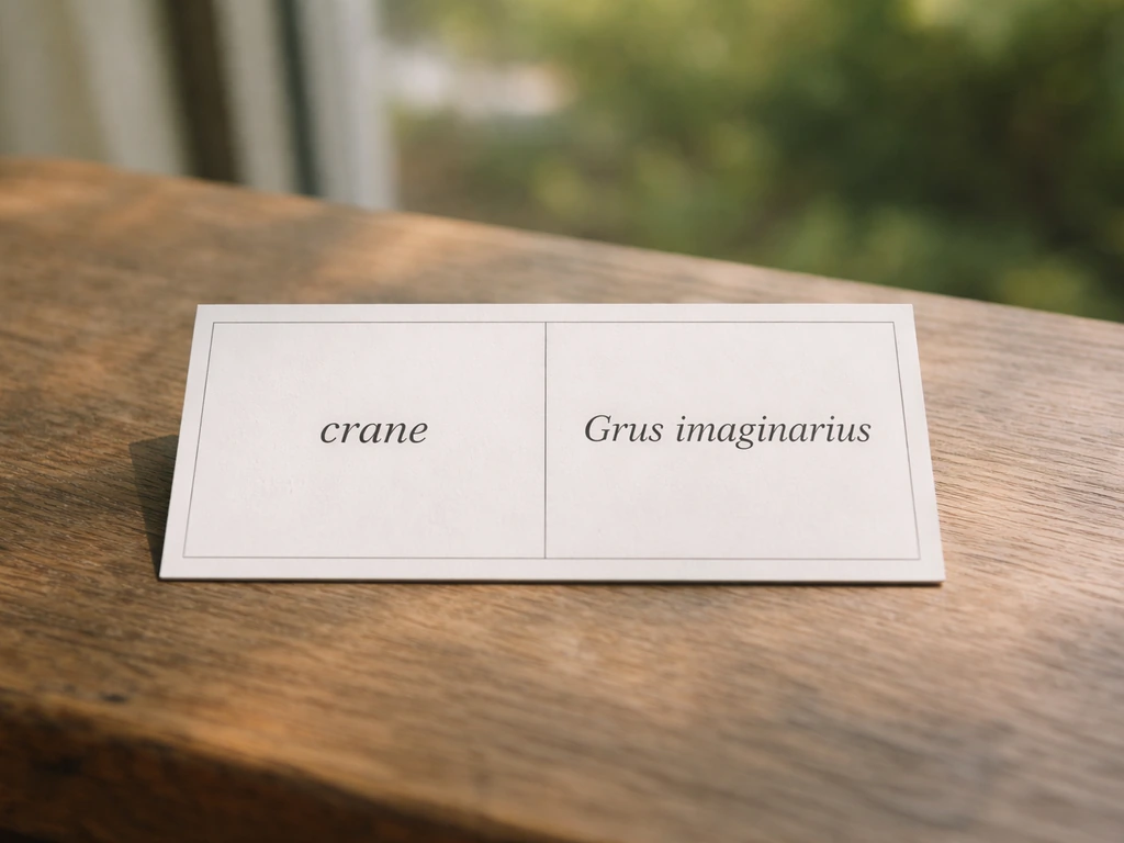 Close-up of an identification card with one panel labeled “crane” and another with a binomial name for a bird.