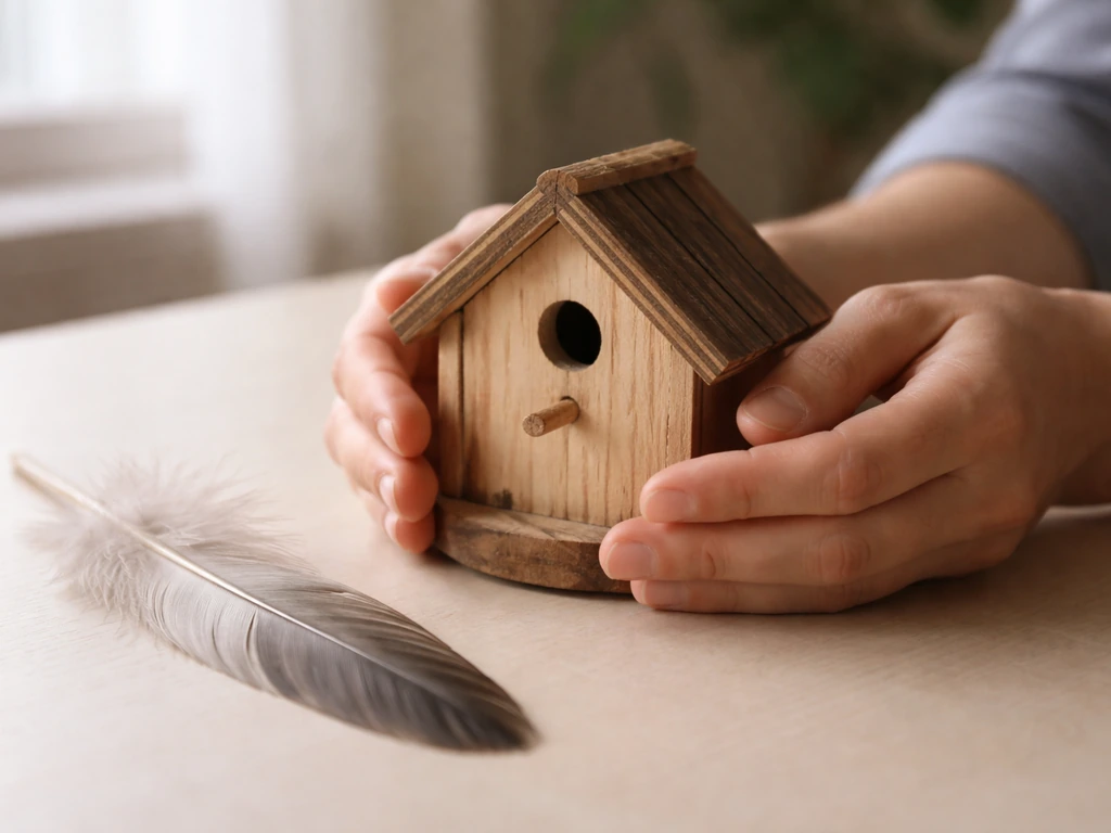 Hands holding a small wooden birdhouse with a crane feather nearby, symbolizing wild crane vs pet-name search