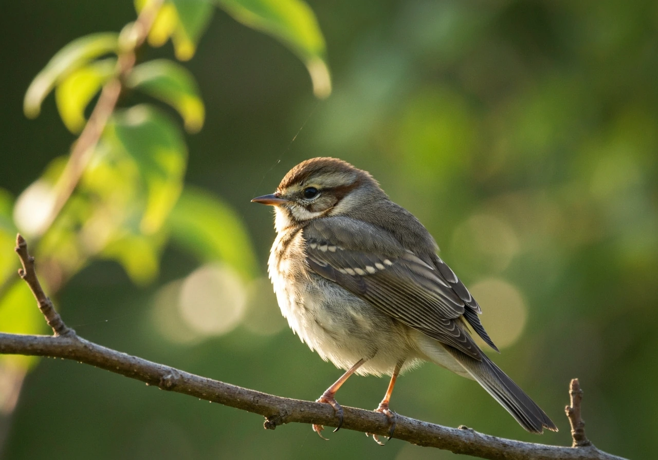 Close-up of a wild songbird perched on a branch with blurred green foliage background