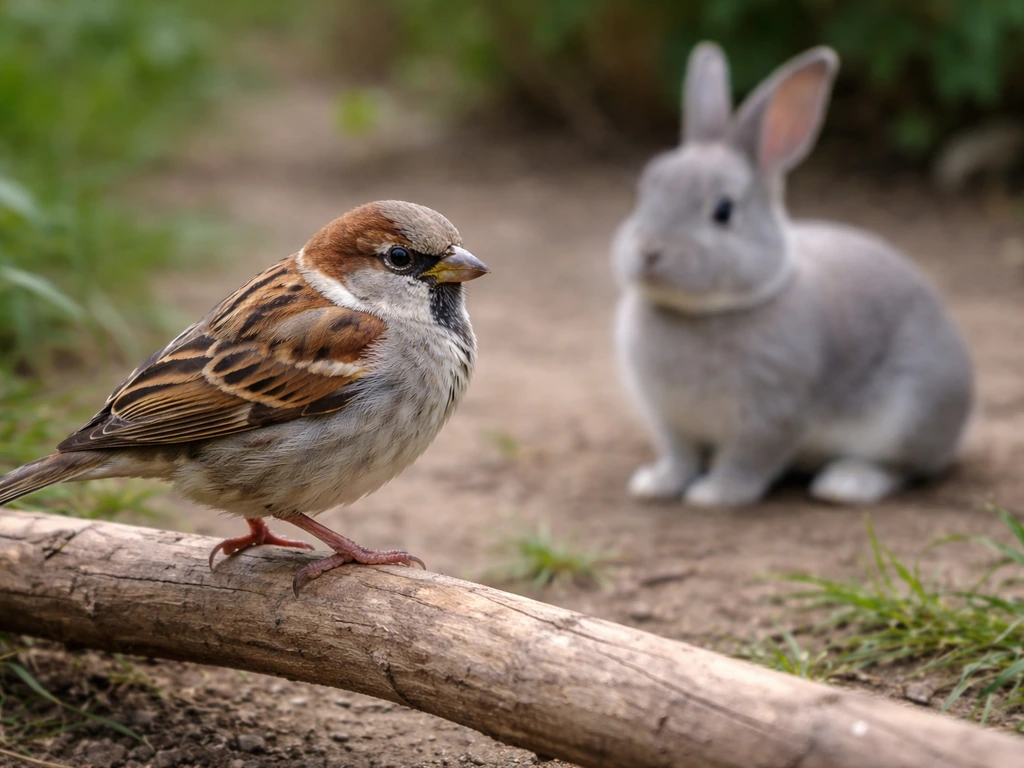 A sparrow with visible wings and legs perched near a smooth-furred rabbit in a simple outdoor scene.