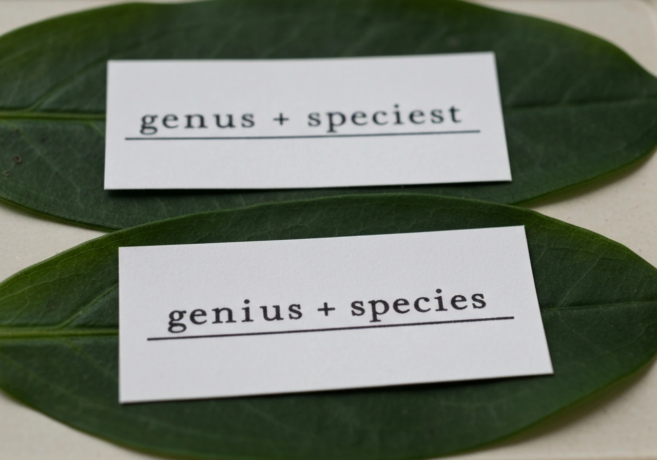 Close-up of two-part Latin/Greek scientific names on printed labels, genus above species, in soft natural light.