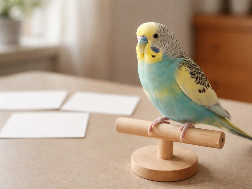Small pet bird perched near blank cards showing simple naming options