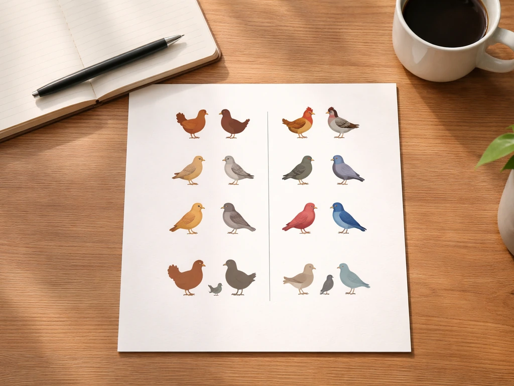 Minimal desk photo with a paper showing paired bird icons for common chicken and duck genders.