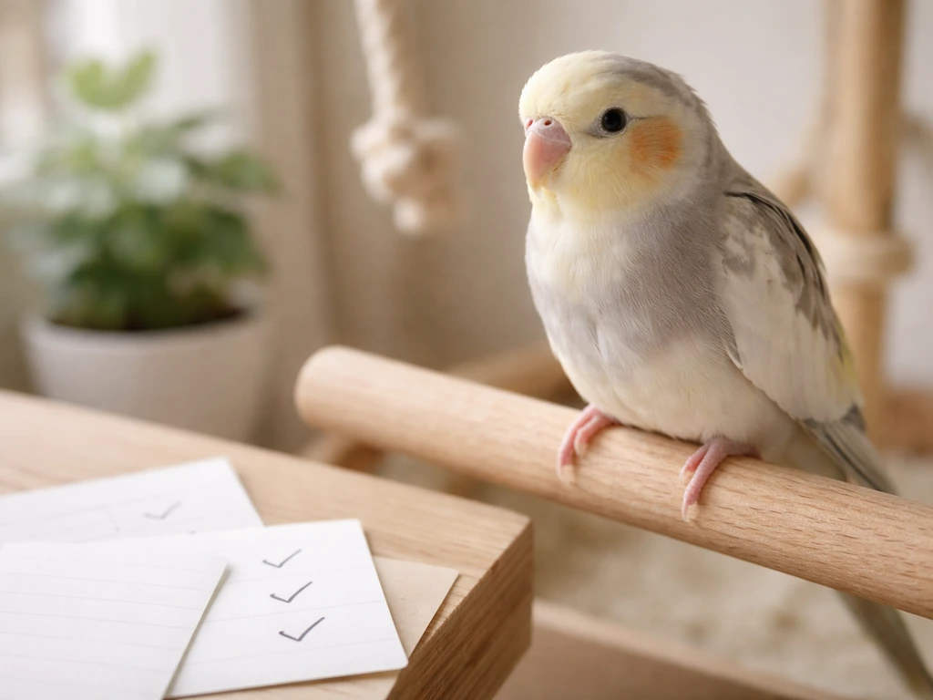 Close-up of a pet bird perched beside a note, with a clear identification checklist vibe
