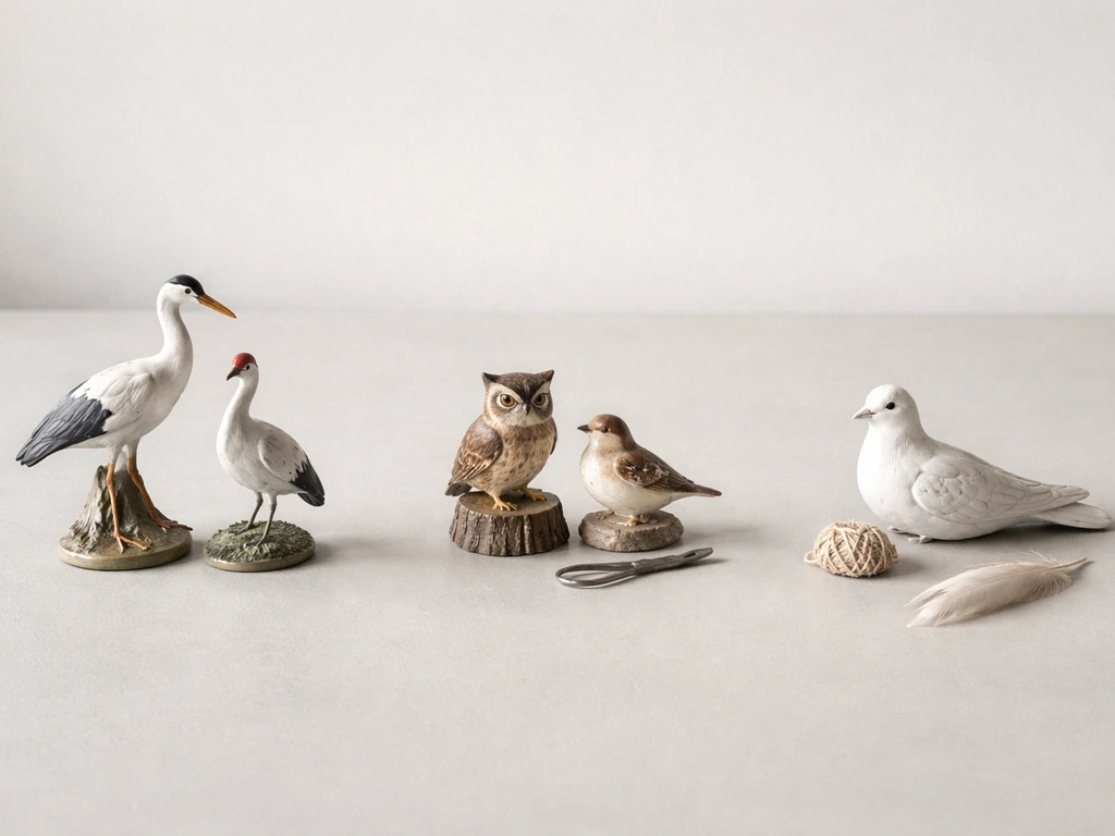 Three clusters of bird figurines on a plain table, representing categories of bird-related surnames.