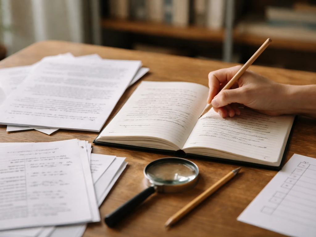 Open notebook and blank checklist on a desk with pencil and magnifying glass for surname bird etymology research