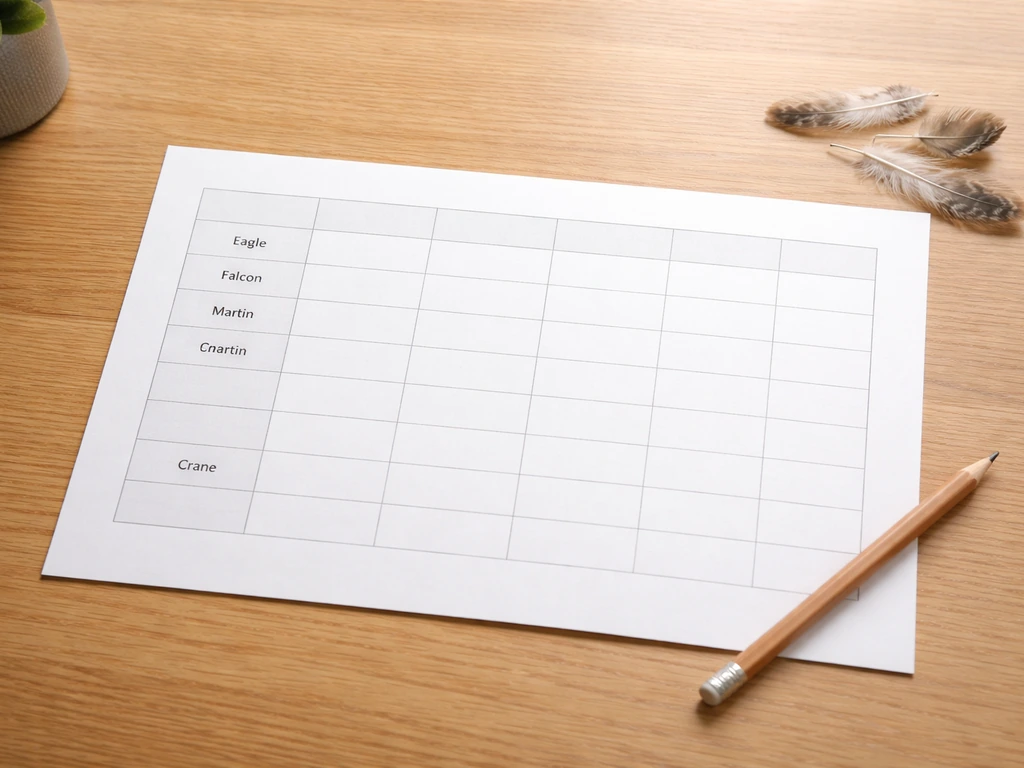 Minimal photo of an organized reference table page with bird-type categories and sample surname rows.