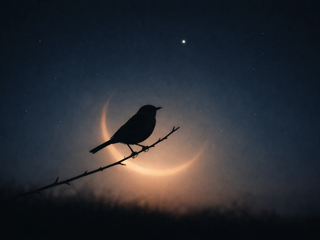 Minimal photo of a silhouetted bird perched against a soft night sky with a subtle Venus-like glow.
