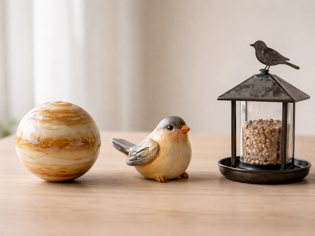 Minimal tabletop scene with planet-like ornament, bird-themed figurine, and small bird feeder suggesting Venus meanings.
