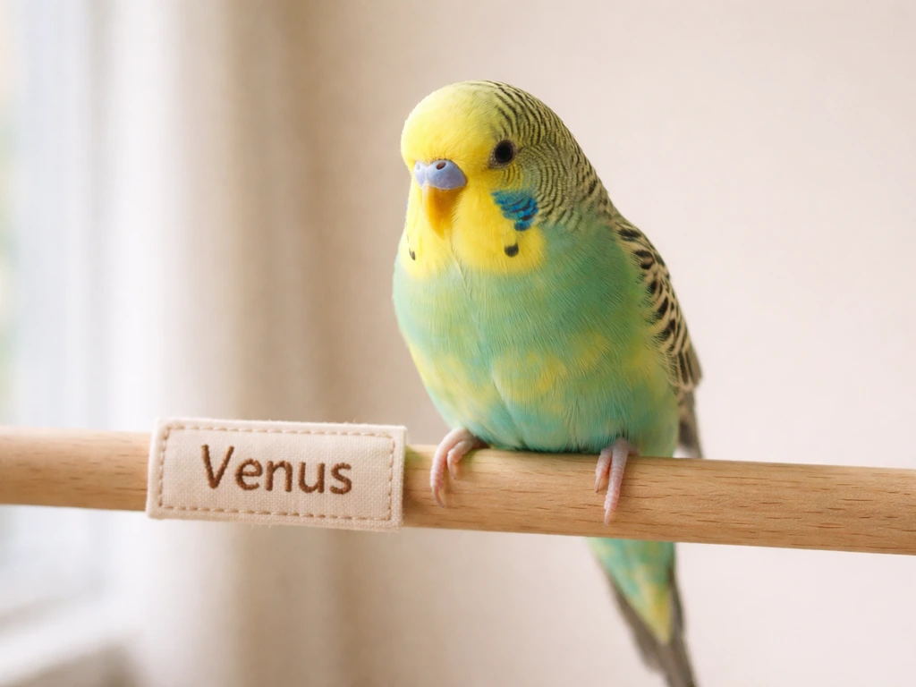 Colorful pet bird perched near a simple “Venus” name tag on a clean indoor background