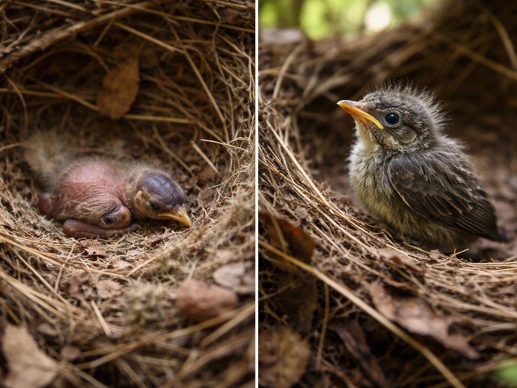 Baby birds in a nest showing two stages: bare-pink chick and more feathered chick near the rim