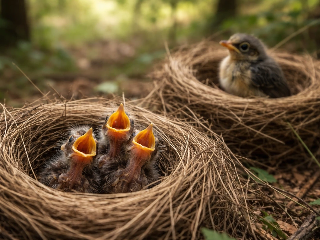 Three small birds in a nest in soft woodland light, showing nestling to fledgling stages.