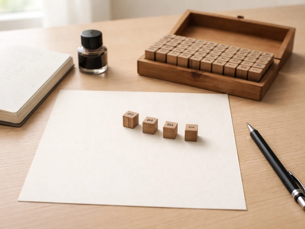 Minimal desk scene with blank paper and letter stamps suggesting building a four-letter code.