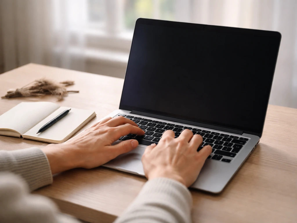 Close-up of hands typing a four-letter bird code on a laptop in a quiet office