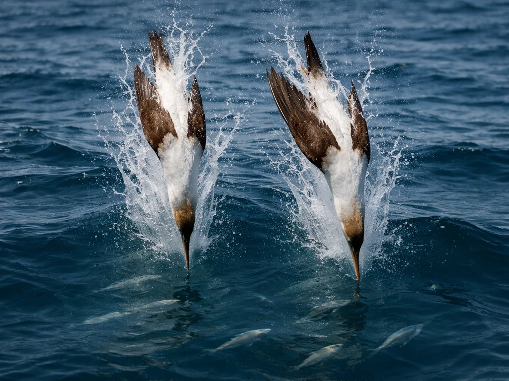 Two booby birds headfirst plunge-diving into blue ocean water to hunt small fish.