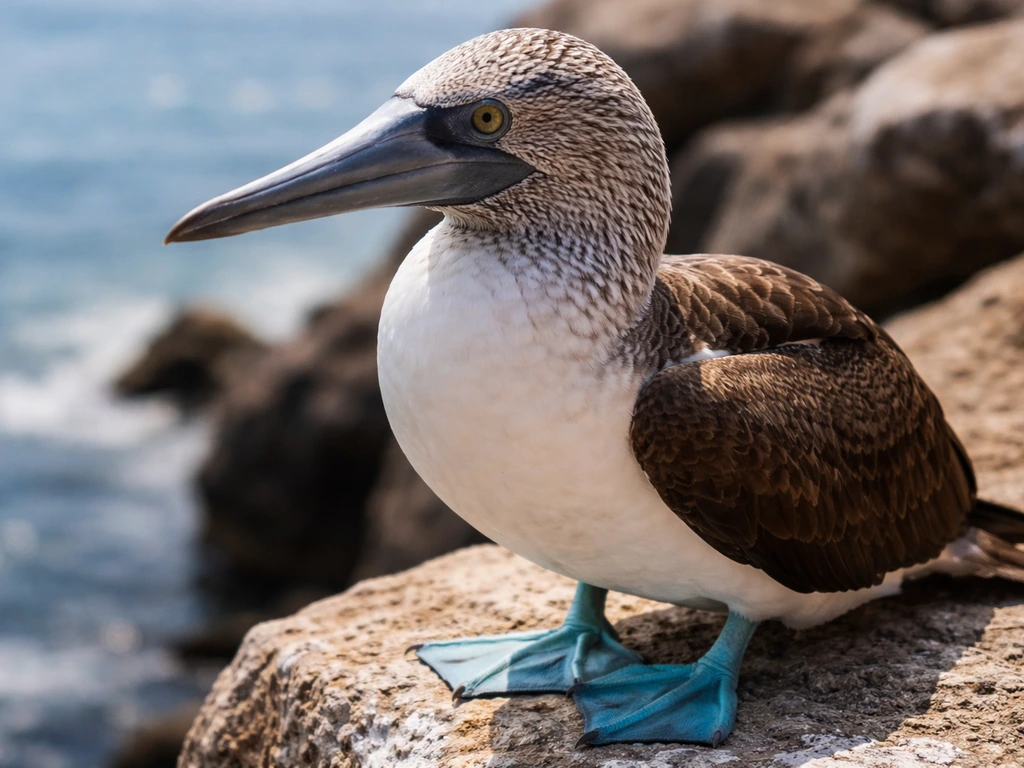 Close-up of a booby’s bill, feet, and plumage pattern on a rocky seaside ledge.