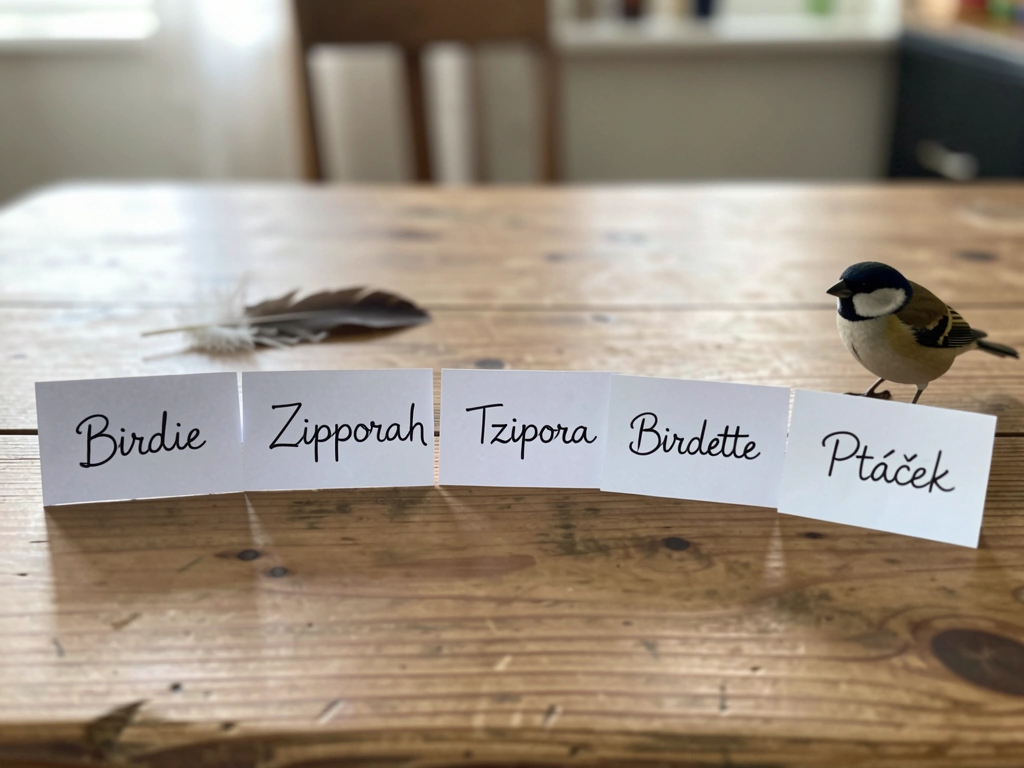 Tabletop photo of name spellings showing bird-derived name candidates
